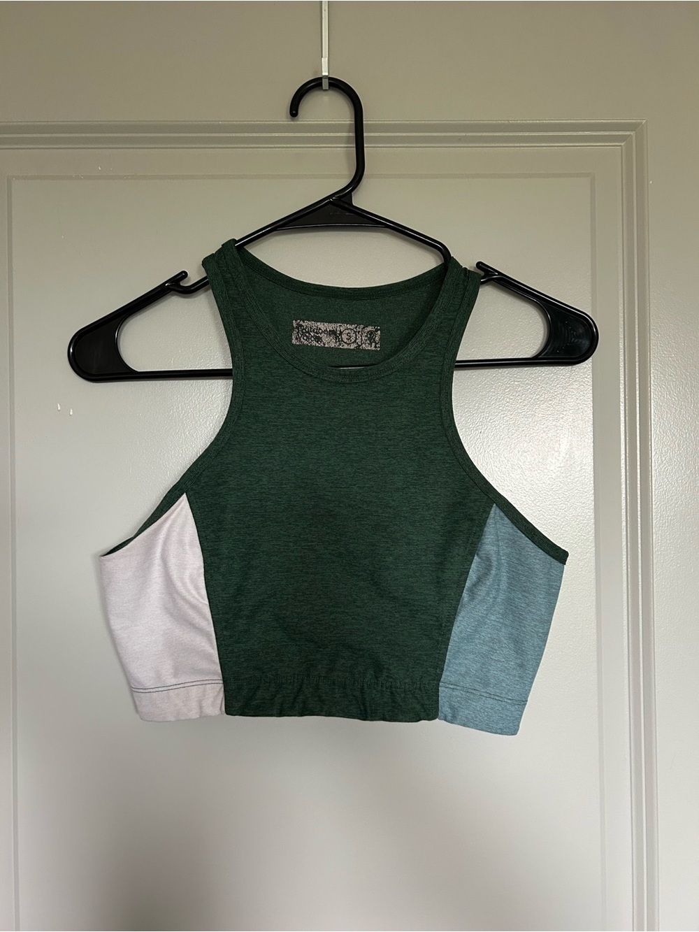 Outdoor Voices Green Colorblock Sports Bra with White & Light Blue Panels
